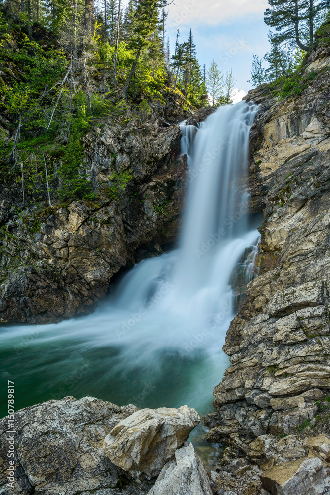 Naklejka premium Running Eagle Falls - Vertical - A spring evening view of Running Eagle Falls at Two Medicine Valley region of Glacier National Park, Montana, USA.