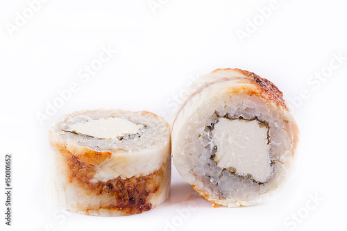 japanese Cuisine, Sushi Set: roll with eel, cream cheese on a white background.