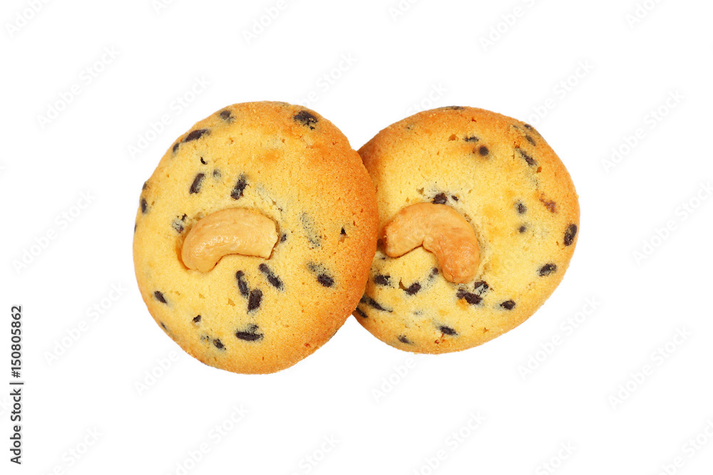 two cashew nut cookies with chocolate chip isolated on white