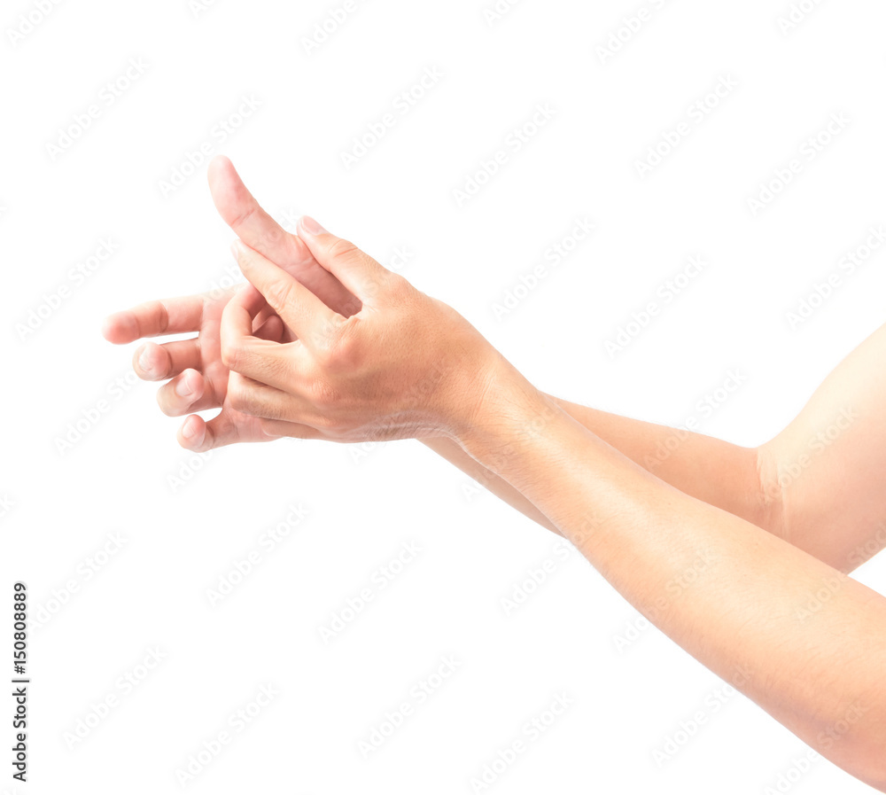 Thumb finger with pain on white background, health care and medical concept