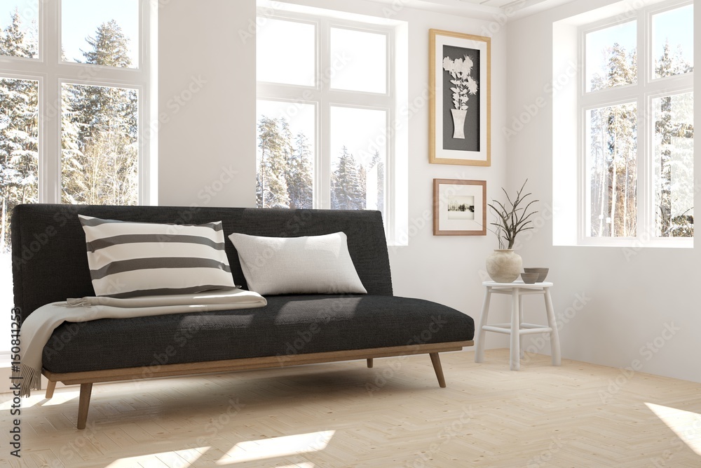 Fototapeta premium White room with sofa and winter landscape in window. Scandinavian interior design. 3D illustration