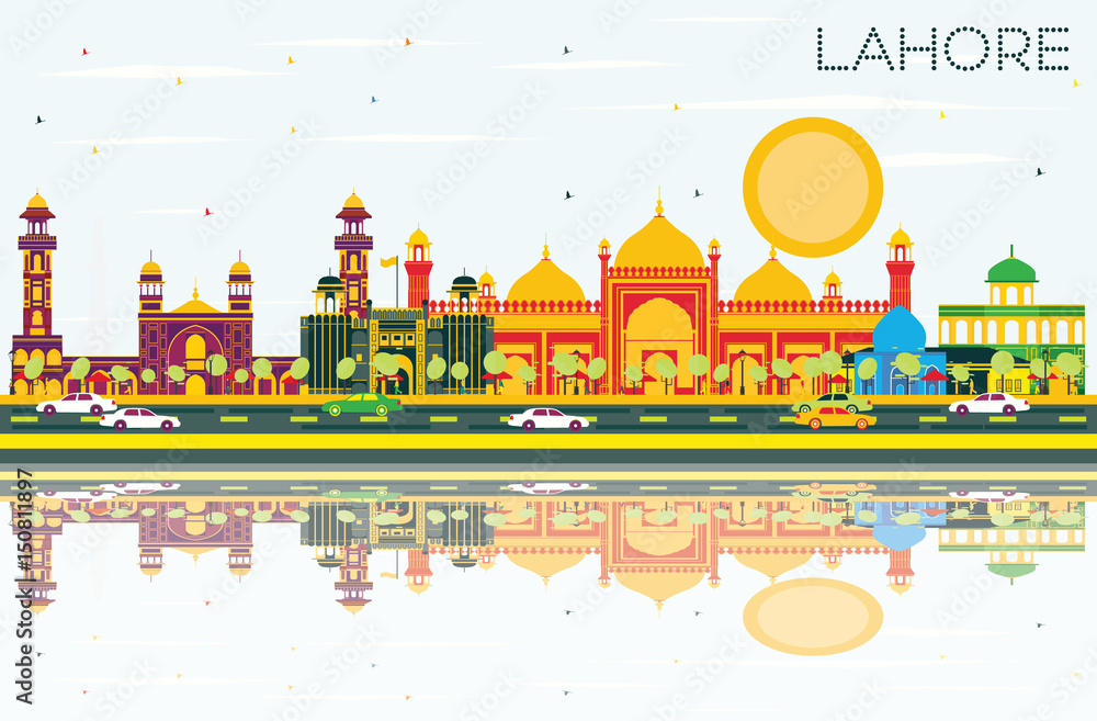 Lahore Skyline with Color Landmarks, Blue Sky and Reflections.
