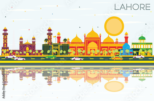 Lahore Skyline with Color Landmarks, Blue Sky and Reflections.