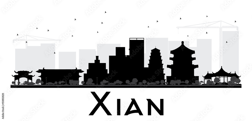 Xian City skyline black and white silhouette.