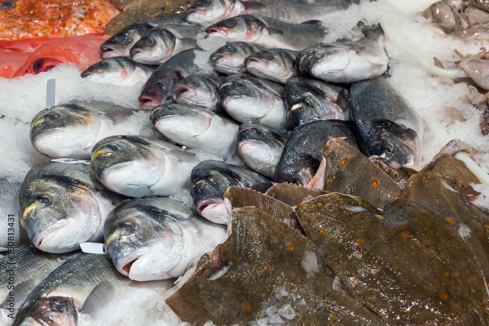 Fresh fish on ice for sale at a market