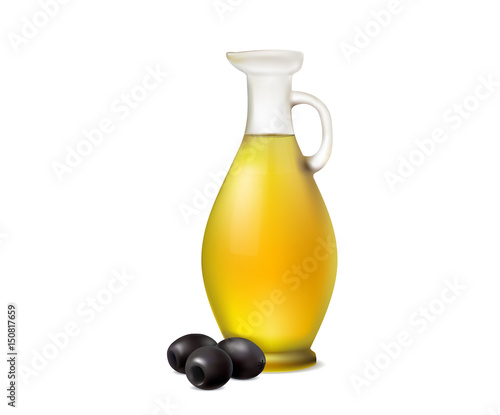 bottle of olive oil with black olives on white background