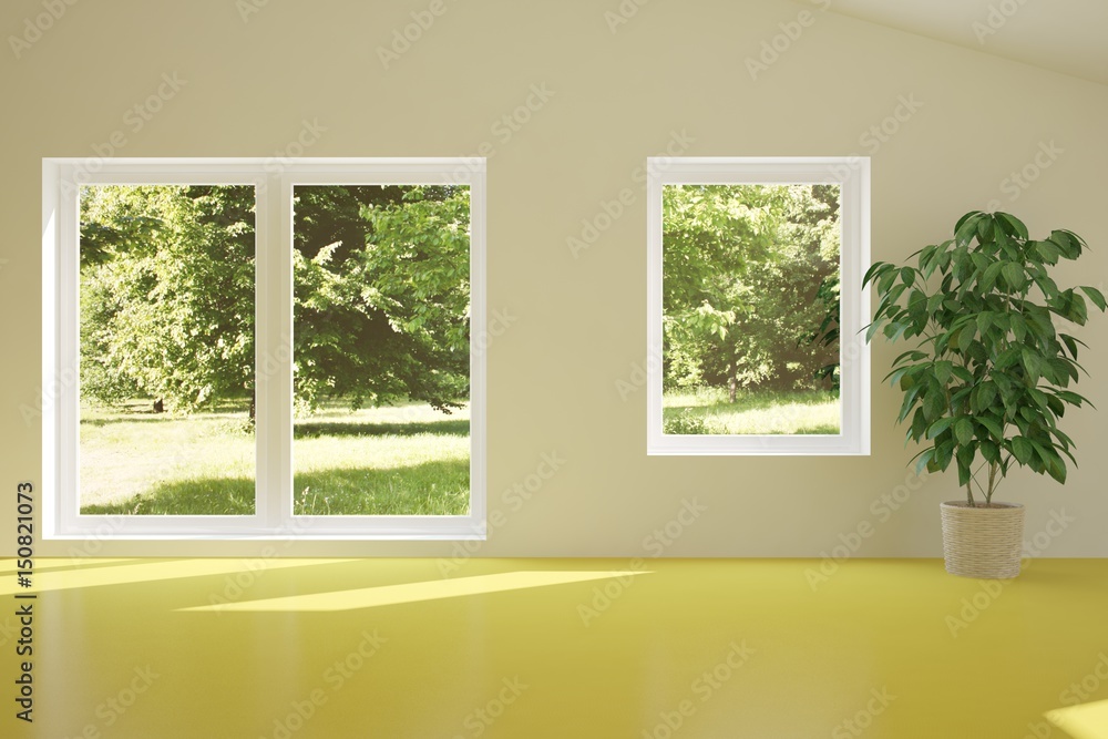 White empty room with green landscape in window. Scandinavian interior design. 3D illustration White empty room with green landscape in window. Scandinavian interior design. 3D illustration