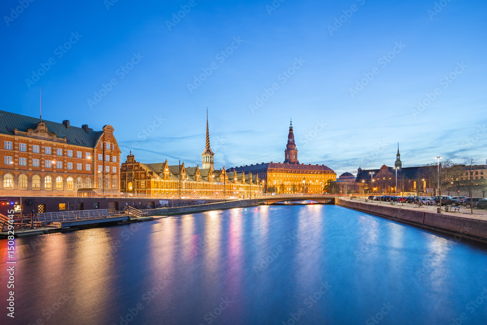 Copenhagen city view of Christiansborg Palace at night in Copenhagen, Denmark