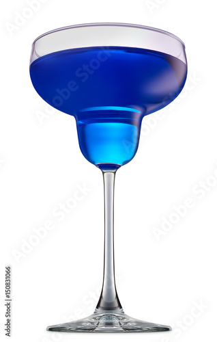fresh fruit alcohol cocktail or mocktail in margarita glass with blue beverage isolated on white background