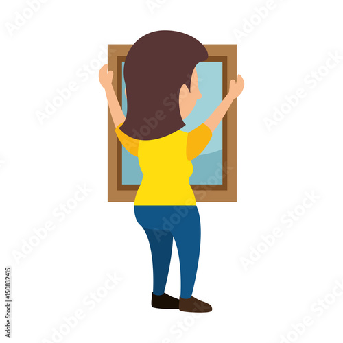 Woman putting a mirrow icon vector illustration graphic design
