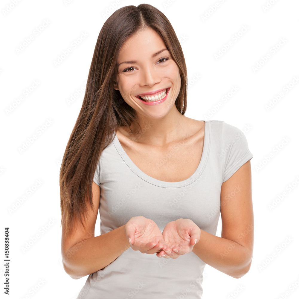 Cupped hands cupping concept. Smiling Asian woman studio portrait