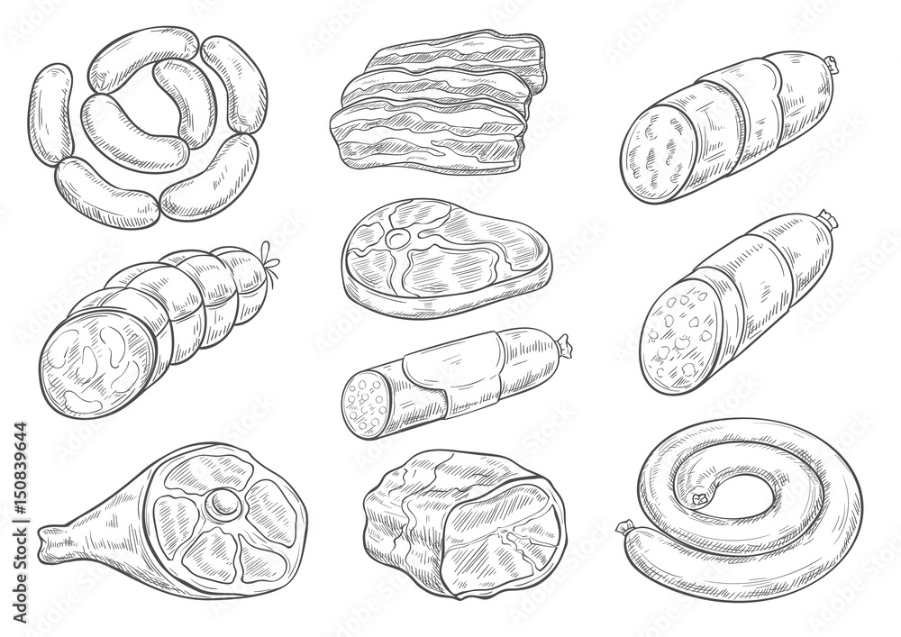 Fototapeta premium Vector sketch icons of butchery meat products