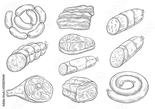 Vector sketch icons of butchery meat products