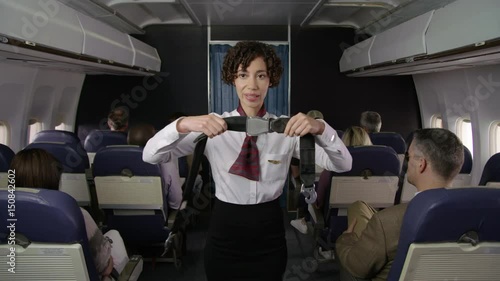 Airliner flight attendant explaining saftey rules photo