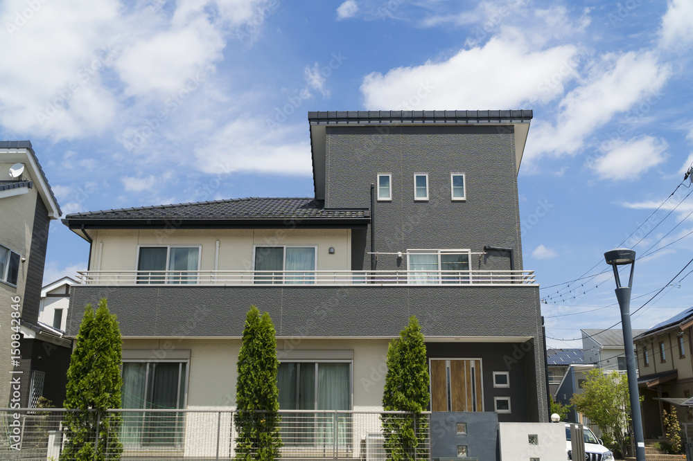 Fototapeta premium 新築分譲住宅街 イメージ 爽やかな青空 新緑 大空コピースペース