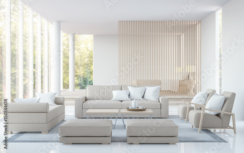 Modern white living room and bedroom 3D rendering image.There are  living room has a bedroom in the back . There are  large glass window overlooking the surrounding nature and forest