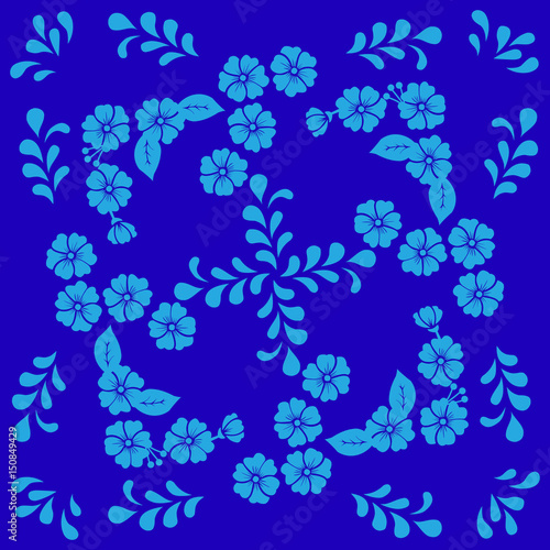 Blue flowers and leaves ornament in vintage style. Vector illustration