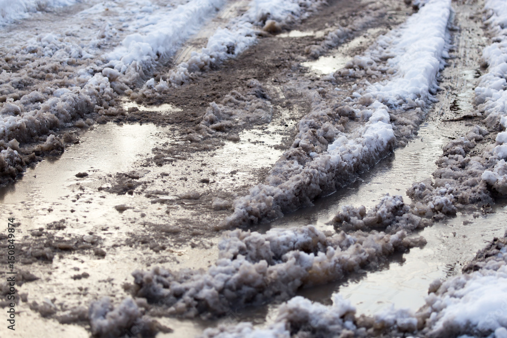 Snow with puddles on the road Snow with puddles on the road