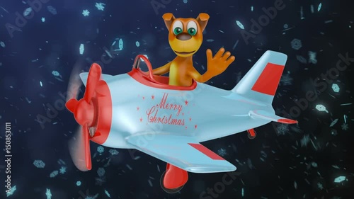 Dog waves his hand in the plane with the inscription Merry Christmas. 3D render. photo
