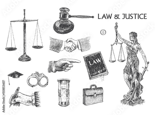 Law, justice and police set.Vintage vector hand drawn lineart
