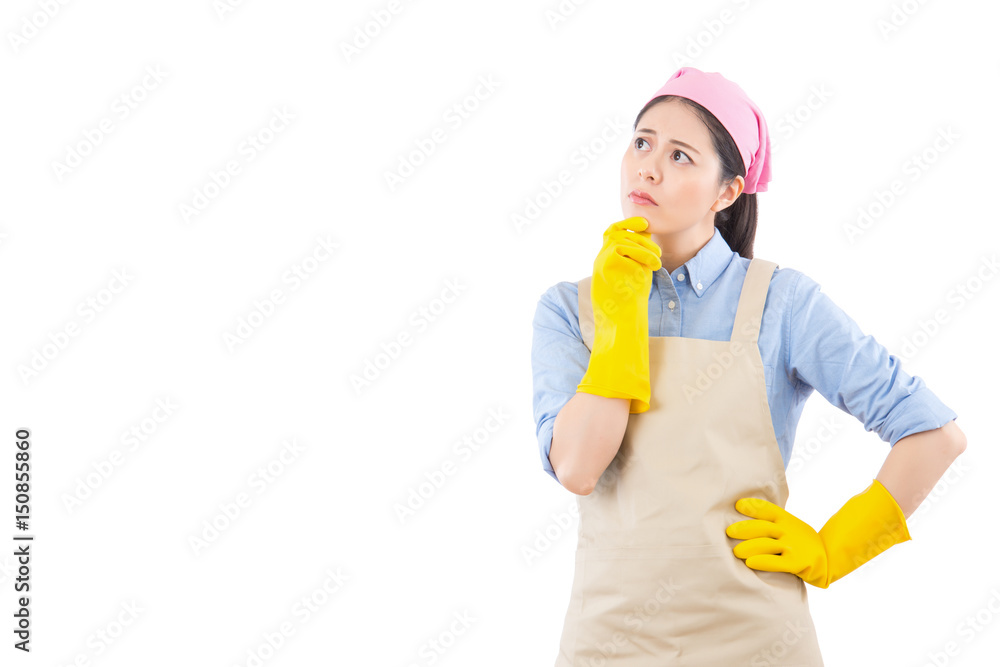 lady thinking cleaning woman looking pensive lady thinking cleaning woman looking pensive