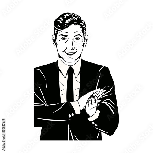 pop art man suit applauding hands black and  vector illustration