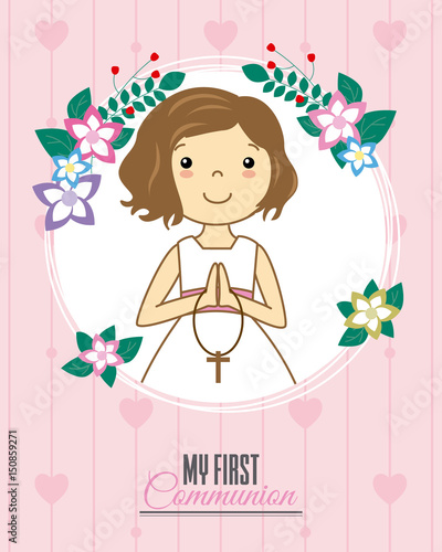 Invitation my first communion. Girl praying inside a flower frame