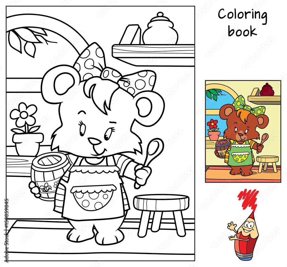 Fototapeta premium Little bear girl in apron with a barrel of honey and a spoon. Coloring book. Cartoon vector illustration