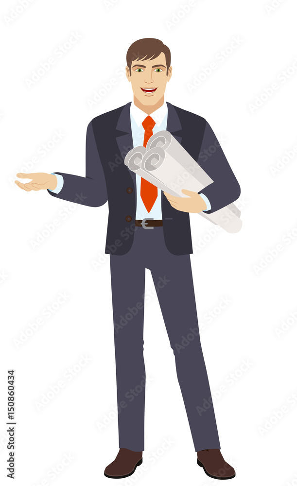 Businessman holding the project plans and gesturing Businessman holding the project plans and gesturing