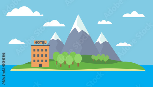 Cartoon colorful vector illustration of an island at sea with mountains and hill, forest and hotel on a sandy beach under blue sky with clouds