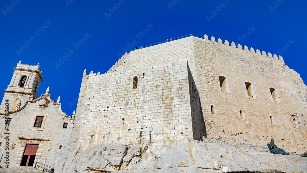 Wide view of Peñiscola castle wall and church, Castellon, Spain