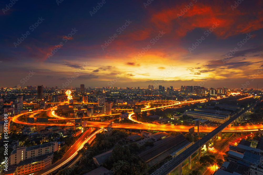 Motorwey and Expressway in downtown at twilight, bangkok, thailand
