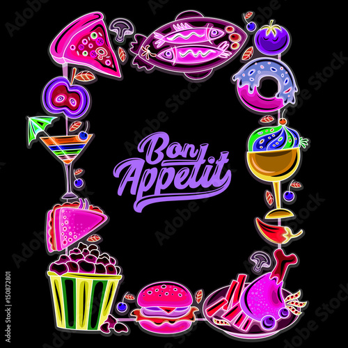 Retro Neon frame: colorful bright food icons, space for your text, black background. Vintage vector light banner. Cartoon illustration, for cafe, restaurant, and food court specials. Menu design