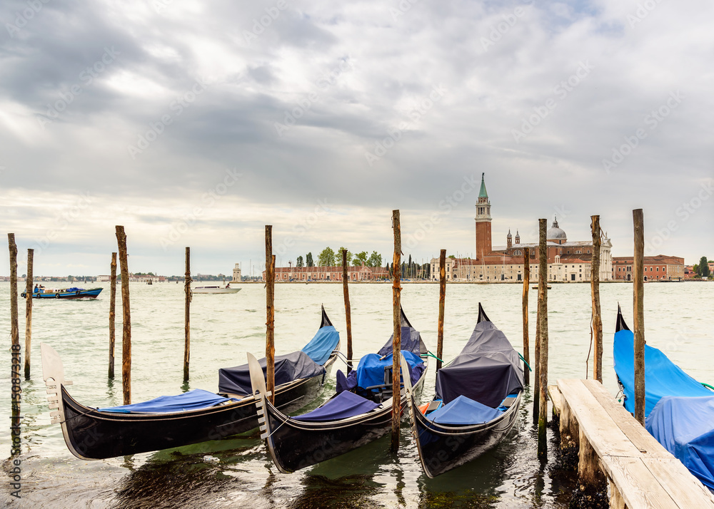 gondolas and San Giorgio Maggiore island in the background, Venice, italy