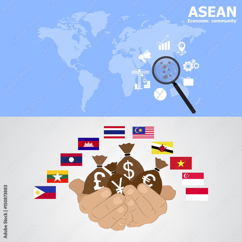 Fototapeta premium The asean economic community flag And The magnifier Business concept 