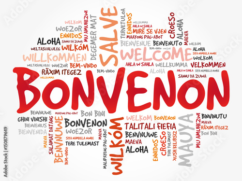 Bonvenon (Welcome in Esperanto) word cloud in different languages, conceptual background photo
