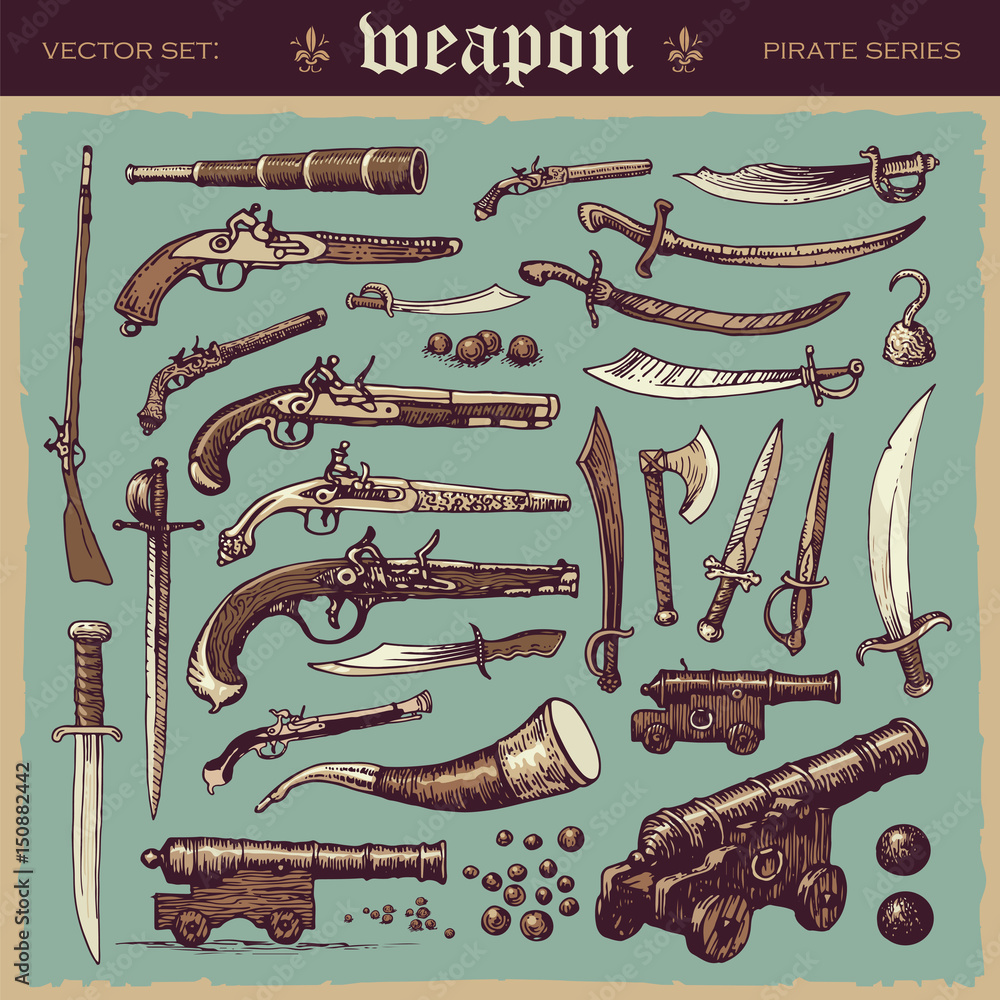 Vecteur Stock Illustrated vector set of old pirate weapons | Adobe Stock