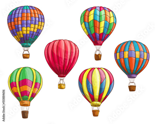 Vector icons of hot air balloons sketch pattern