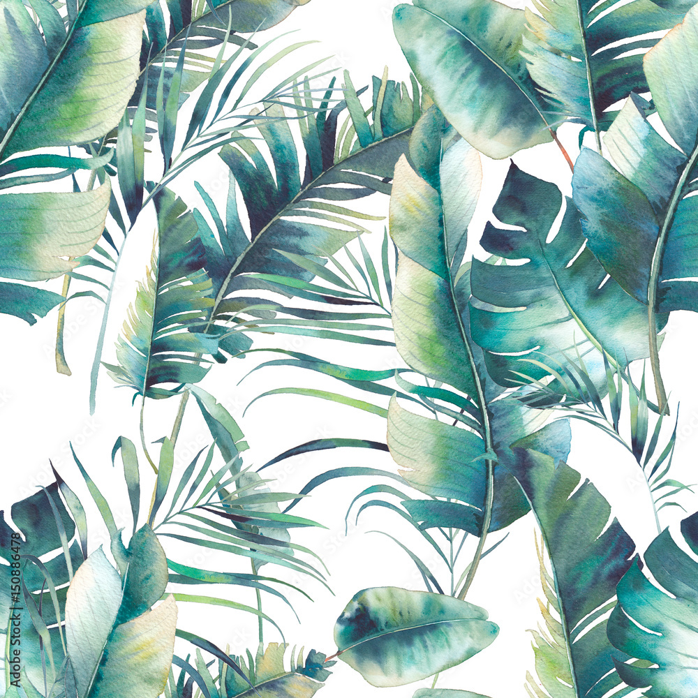 Summer palm tree and banana leaves seamless pattern. Watercolor texture with green branches on white background. Hand drawn tropical wallpaper design - obrazy, fototapety, plakaty 