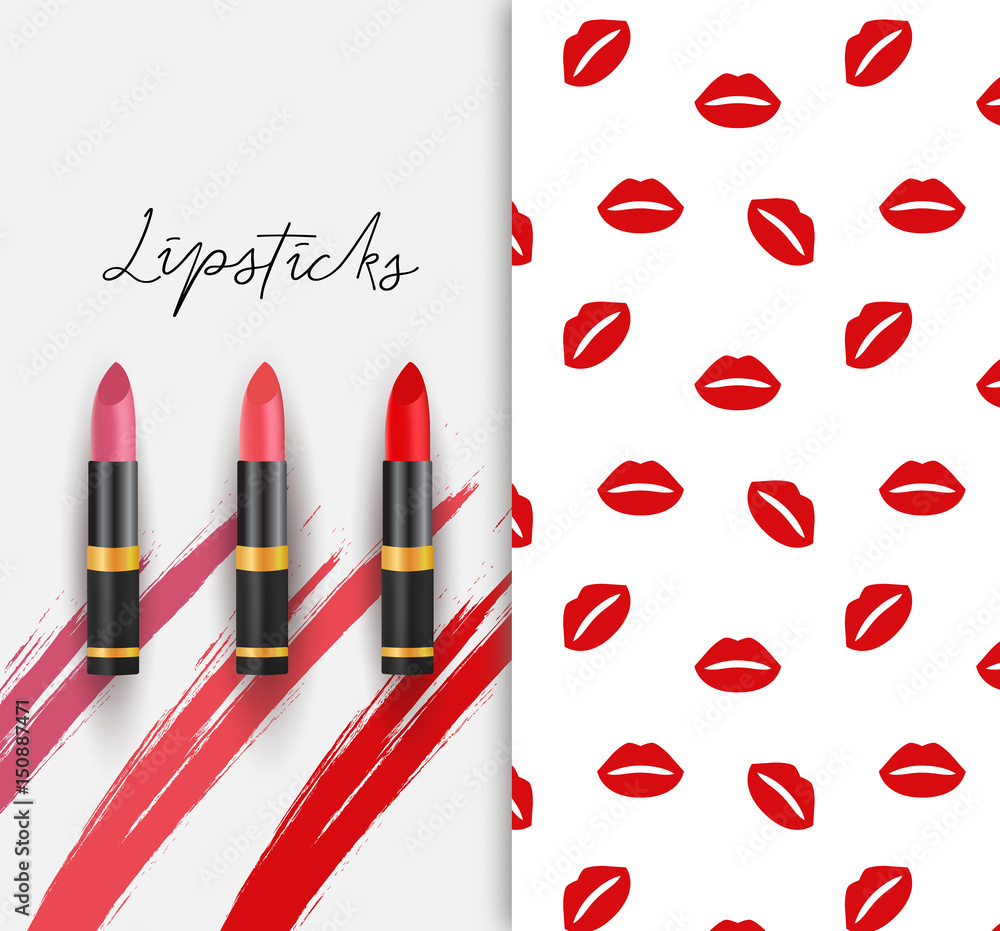 Realistic vector lipsticks set, swatches and lips pattern, advertising poster concept. Set of lipsticks with swatches. Cosmetics elements, makeup vector illustration, smudge, graphic design. Realistic vector lipsticks set, swatches and lips pattern, advertising poster concept. Set of lipsticks with swatches. Cosmetics elements, makeup vector illustration, smudge, graphic design.