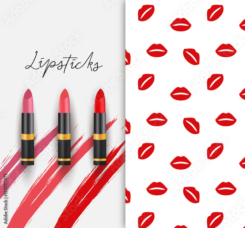 Realistic vector lipsticks set, swatches and lips pattern, advertising poster concept. Set of lipsticks with swatches. Cosmetics elements, makeup vector illustration, smudge, graphic design.