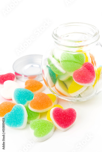 Heart candies coated with sugar, heart colorful sweet candies, sugar heart shaped candy