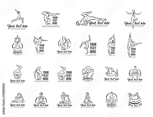 Woman yoga silhouette symbol icon illustration set in line style