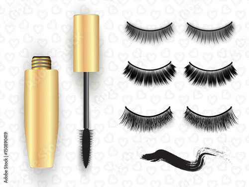 False eyelashes set, mascara tube, brush and black grunge swatch, vector illustration. Fake lashes, gold mascara, swatch. Woman's cosmetics concept on pattern with hearts.