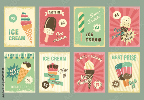 Ice cream vector price cards for fresh desserts