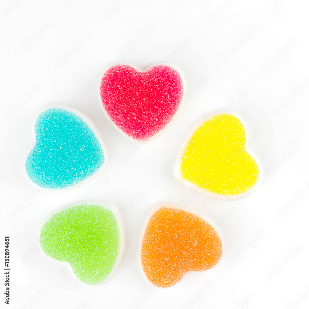 Heart candies coated with sugar, heart colorful sweet candies, sugar heart shaped candy Heart candies coated with sugar, heart colorful sweet candies, sugar heart shaped candy