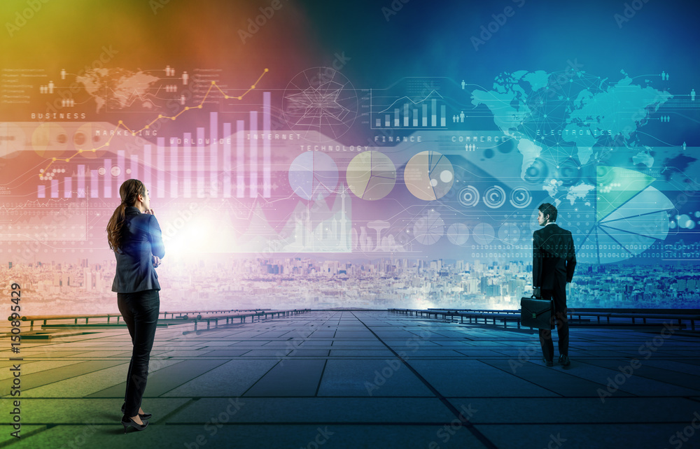 businessman and businesswoman looking at business information. abstract mixed media. businessman and businesswoman looking at business information. abstract mixed media.