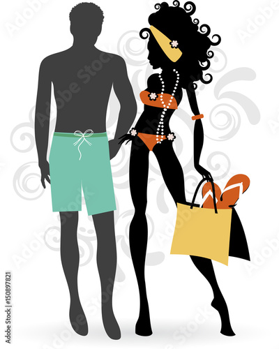 Boy and girl on holiday. Couple on beach, guy with short pants and girl in a bathing suit. Couple relaxing on beach in summer
