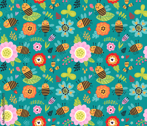 Seamless pattern with insects and flowers. Summer background