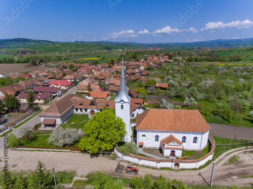 Talisoara Olasztelek village Church in Covasna County, Transylvania, Romania aerial view